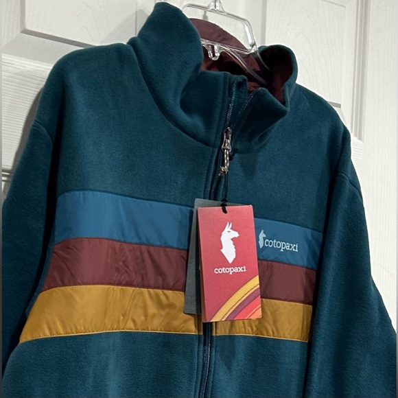 Cotopaxi Men's XL Teca Fleece Full-Zip Jacket Skyfire Blue Stripes Rust NWT - Picture 2 of 8